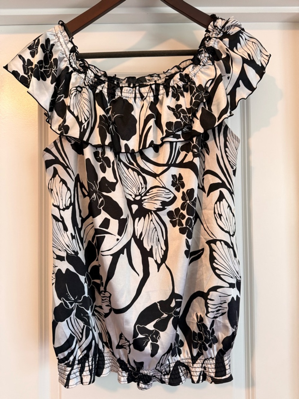 Cato Black and White Floral Ruffle Off-Shoulder Top